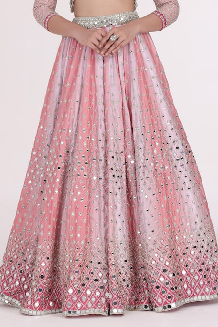 Buy_Abhinav Mishra_Pink Net, Chanderi Mirrors, Gota Patti, Lace, Gradient Embroidered Lehenga Set _Online_at_Aza_Fashions