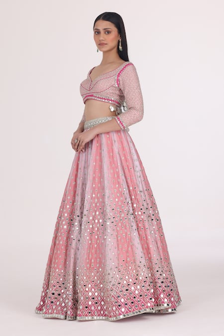 Abhinav Mishra_Pink Net, Chanderi Mirrors, Gota Patti, Lace, Gradient Embroidered Lehenga Set _at_Aza_Fashions
