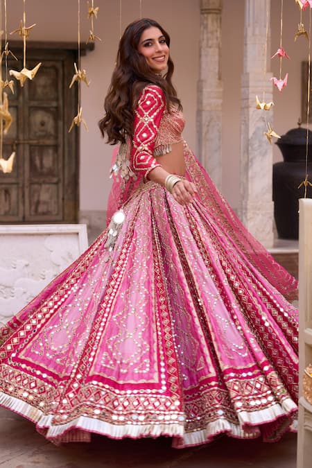 Buy Abhinav Mishra Pink Net, Chanderi Sequins, Embroidery, Gota Patti, Gradient Lehenga Set Buy_Abhinav Mishra_Pink Net, Chanderi Sequins, Embroidery, Gota Patti, Gradient Lehenga Set