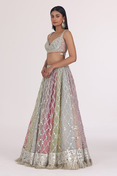 Abhinav Mishra_Multi Color Net Gota Patti, Mirrors, Zari, Gradient Jaal Lehenga Set _Online_at_Aza_Fashions