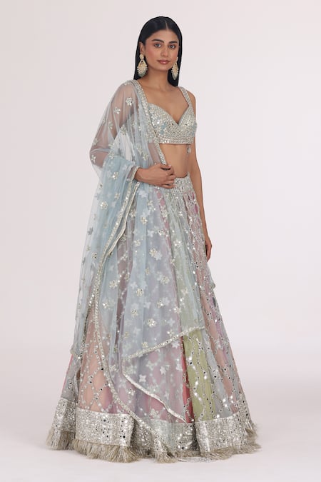 Shop_Abhinav Mishra_Multi Color Net Gota Patti, Mirrors, Zari, Gradient Jaal Lehenga Set _Online_at_Aza_Fashions