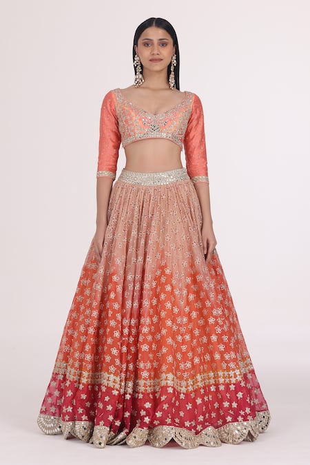 Abhinav Mishra Orange Organza, Net, Chanderi Embroidery, Gota Gradient Bridal Lehenga Set Online at Aza Fashions Abhinav Mishra_Orange Organza, Net, Chanderi Embroidery, Gota Gradient Bridal Lehenga Set _Online_at_Aza_Fashions