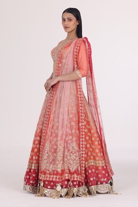 Buy Abhinav Mishra Orange Organza, Net, Chanderi Embroidery, Gota Gradient Bridal Lehenga Set Buy_Abhinav Mishra_Orange Organza, Net, Chanderi Embroidery, Gota Gradient Bridal Lehenga Set