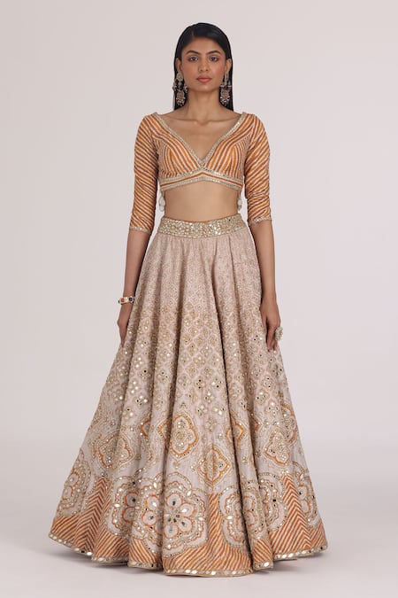 Abhinav Mishra Gold Net, Chanderi Gota Patti, Mirrors, Zari, Embroidery, Bloom Lehenga Set Online at Aza Fashions Abhinav Mishra_Gold Net, Chanderi Gota Patti, Mirrors, Zari, Embroidery, Bloom Lehenga Set _Online_at_Aza_Fashions