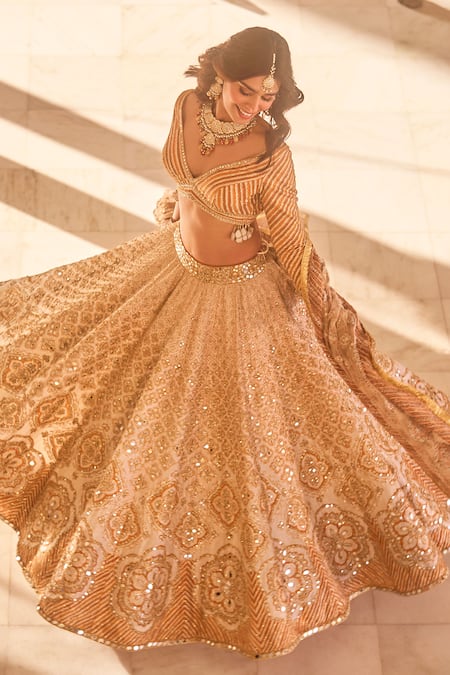 Shop Abhinav Mishra Gold Net, Chanderi Gota Patti, Mirrors, Zari, Embroidery, Bloom Lehenga Set Online at Aza Fashions Shop_Abhinav Mishra_Gold Net, Chanderi Gota Patti, Mirrors, Zari, Embroidery, Bloom Lehenga Set _Online_at_Aza_Fashions