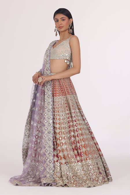 Abhinav Mishra_Silver Net Gota Patti, Mirrors, Zari, Bloom Jaal Embroidered Bridal Lehenga Set _Online_at_Aza_Fashions