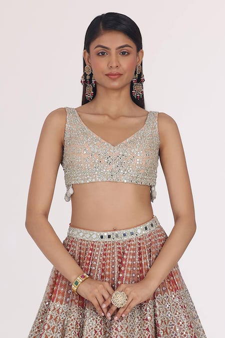 Buy_Abhinav Mishra_Silver Net Gota Patti, Mirrors, Zari, Bloom Jaal Embroidered Bridal Lehenga Set _Online_at_Aza_Fashions