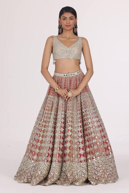 Abhinav Mishra_Silver Net Gota Patti, Mirrors, Zari, Bloom Jaal Embroidered Bridal Lehenga Set _at_Aza_Fashions