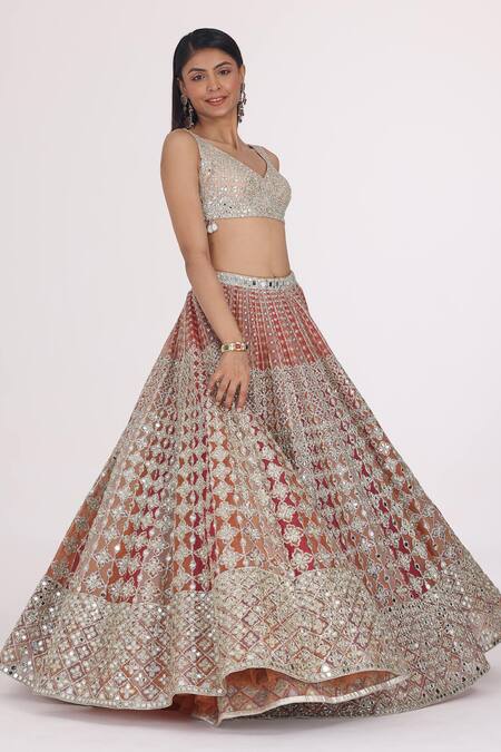 Buy_Abhinav Mishra_Silver Net Gota Patti, Mirrors, Zari, Bloom Jaal Embroidered Bridal Lehenga Set 