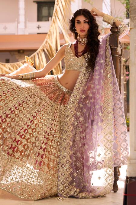 Shop_Abhinav Mishra_Silver Net Gota Patti, Mirrors, Zari, Bloom Jaal Embroidered Bridal Lehenga Set 