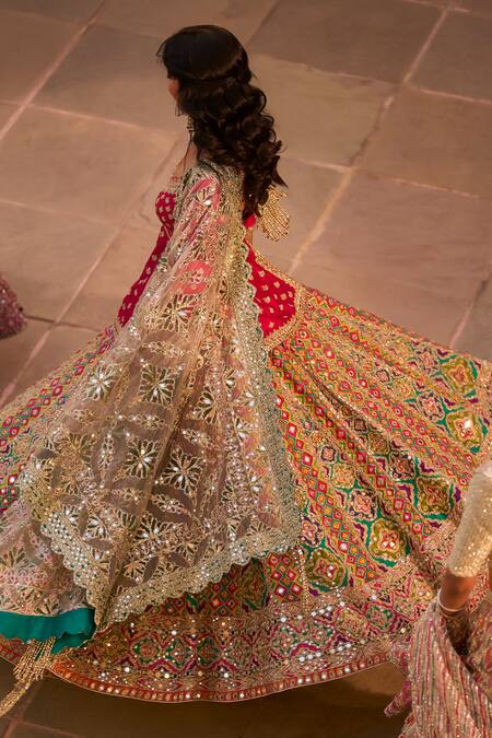 Abhinav Mishra_Red Chanderi, Net Embroidery, Mirrors, Zari Boat Phool Bahar Kurta Lehenga Set _Online_at_Aza_Fashions