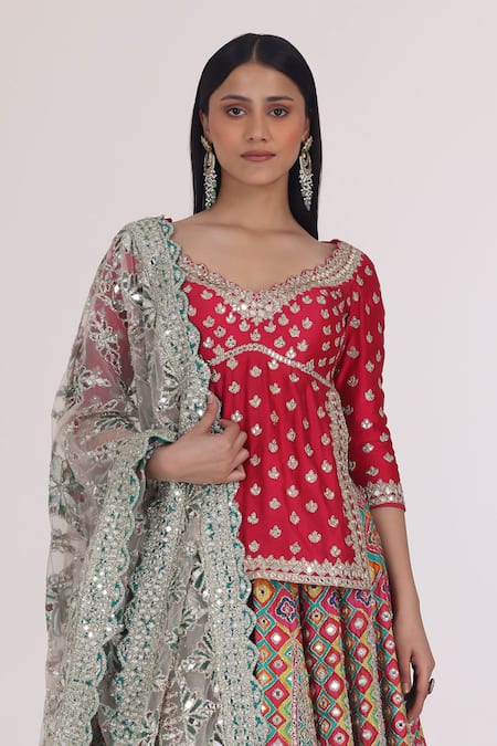 Buy_Abhinav Mishra_Red Chanderi, Net Embroidery, Mirrors, Zari Boat Phool Bahar Kurta Lehenga Set _Online_at_Aza_Fashions