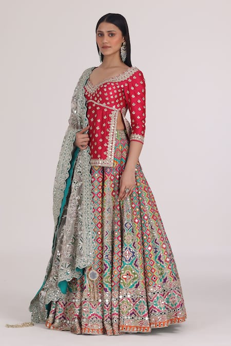 Shop_Abhinav Mishra_Red Chanderi, Net Embroidery, Mirrors, Zari Boat Phool Bahar Kurta Lehenga Set _Online_at_Aza_Fashions