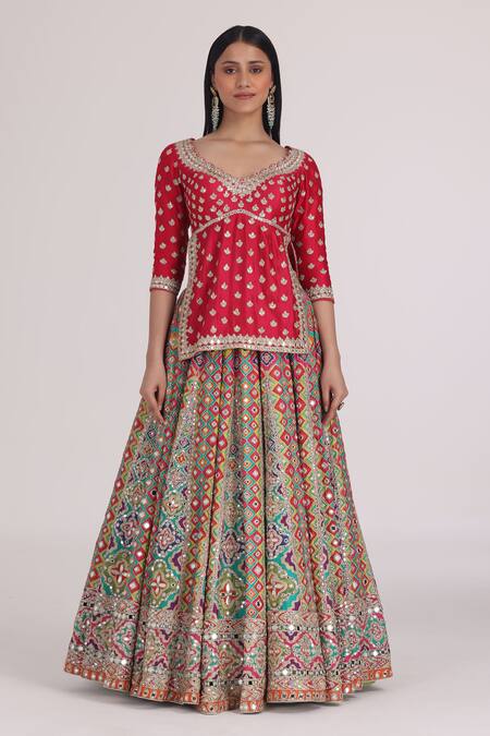 Abhinav Mishra_Red Chanderi, Net Embroidery, Mirrors, Zari Boat Phool Bahar Kurta Lehenga Set _at_Aza_Fashions