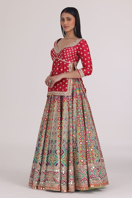 Buy_Abhinav Mishra_Red Chanderi, Net Embroidery, Mirrors, Zari Boat Phool Bahar Kurta Lehenga Set 