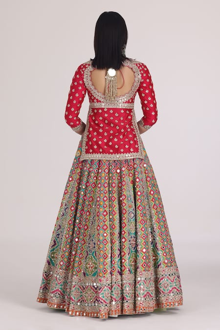 Shop_Abhinav Mishra_Red Chanderi, Net Embroidery, Mirrors, Zari Boat Phool Bahar Kurta Lehenga Set 