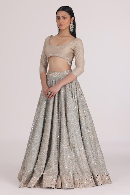 Buy Abhinav Mishra Beige Chanderi Gota Patti, Mirrors, Zari, Geometric Bloom Lehenga Set Online at Aza Fashions Buy_Abhinav Mishra_Beige Chanderi Gota Patti, Mirrors, Zari, Geometric Bloom Lehenga Set _Online_at_Aza_Fashions