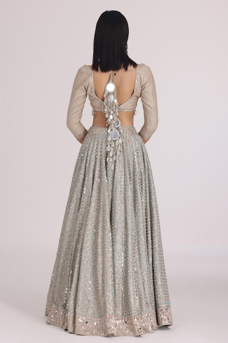 Shop Abhinav Mishra Beige Chanderi Gota Patti, Mirrors, Zari, Geometric Bloom Lehenga Set Online at Aza Fashions Shop_Abhinav Mishra_Beige Chanderi Gota Patti, Mirrors, Zari, Geometric Bloom Lehenga Set _Online_at_Aza_Fashions