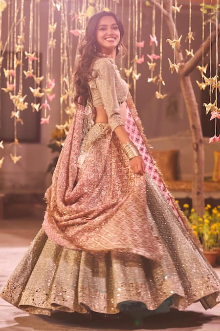 Shop Abhinav Mishra Beige Chanderi Gota Patti, Mirrors, Zari, Geometric Bloom Lehenga Set Shop_Abhinav Mishra_Beige Chanderi Gota Patti, Mirrors, Zari, Geometric Bloom Lehenga Set