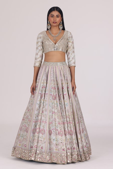 Abhinav Mishra Gold Net, Chanderi Mirrors, Zari, Gota Gul Bloom Embroidered Bridal Lehenga Set Online at Aza Fashions Abhinav Mishra_Gold Net, Chanderi Mirrors, Zari, Gota Gul Bloom Embroidered Bridal Lehenga Set _Online_at_Aza_Fashions