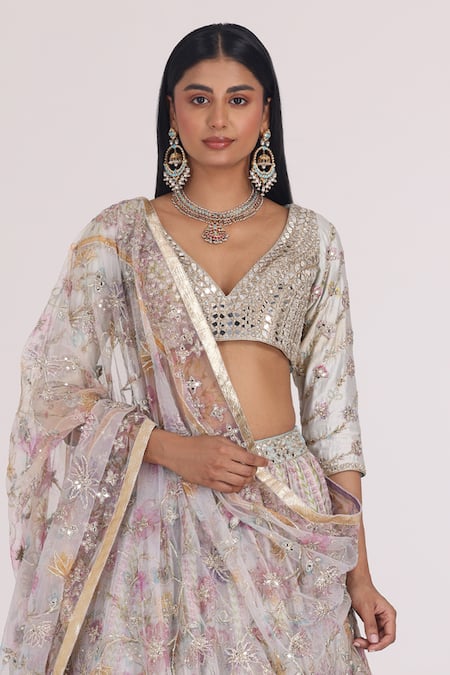 Shop Abhinav Mishra Gold Net, Chanderi Mirrors, Zari, Gota Gul Bloom Embroidered Bridal Lehenga Set Shop_Abhinav Mishra_Gold Net, Chanderi Mirrors, Zari, Gota Gul Bloom Embroidered Bridal Lehenga Set