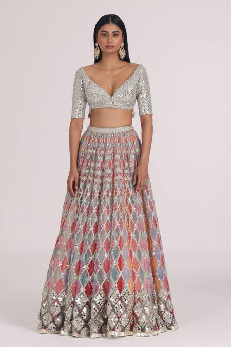 Abhinav Mishra_Silver Net Mirrors, Zari, Embroidery, Sequins Multi Color Bridal Lehenga Set _Online_at_Aza_Fashions