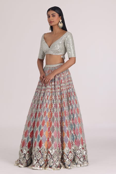 Buy_Abhinav Mishra_Silver Net Mirrors, Zari, Embroidery, Sequins Multi Color Bridal Lehenga Set _Online_at_Aza_Fashions