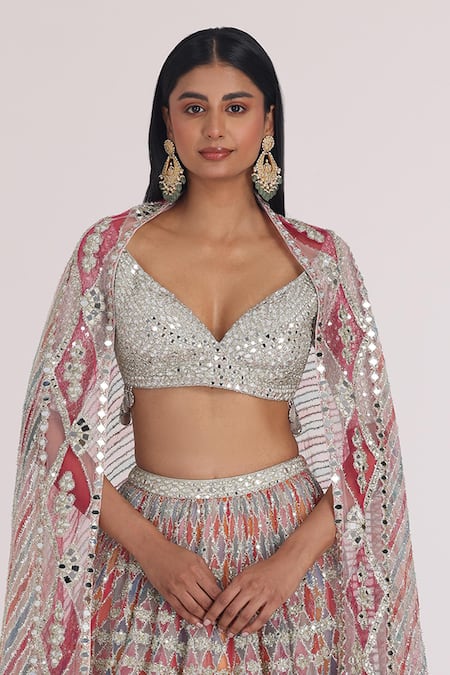 Abhinav Mishra_Silver Net Mirrors, Zari, Embroidery, Sequins Multi Color Bridal Lehenga Set _at_Aza_Fashions