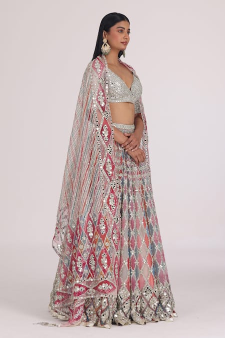 Buy_Abhinav Mishra_Silver Net Mirrors, Zari, Embroidery, Sequins Multi Color Bridal Lehenga Set 