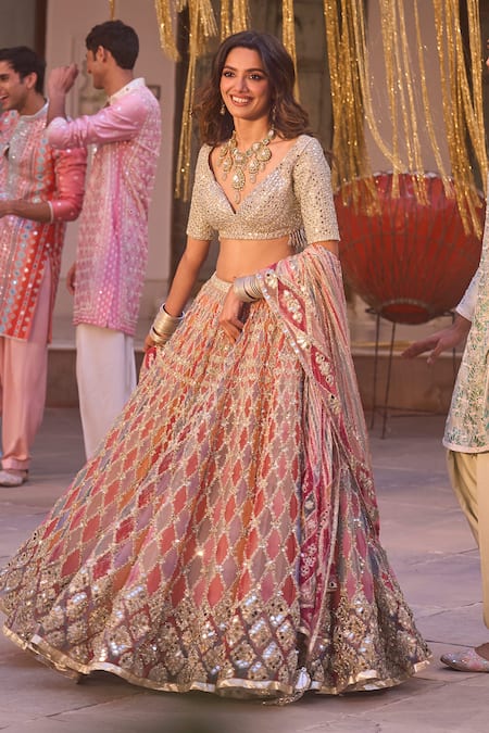 Shop_Abhinav Mishra_Silver Net Mirrors, Zari, Embroidery, Sequins Multi Color Bridal Lehenga Set 