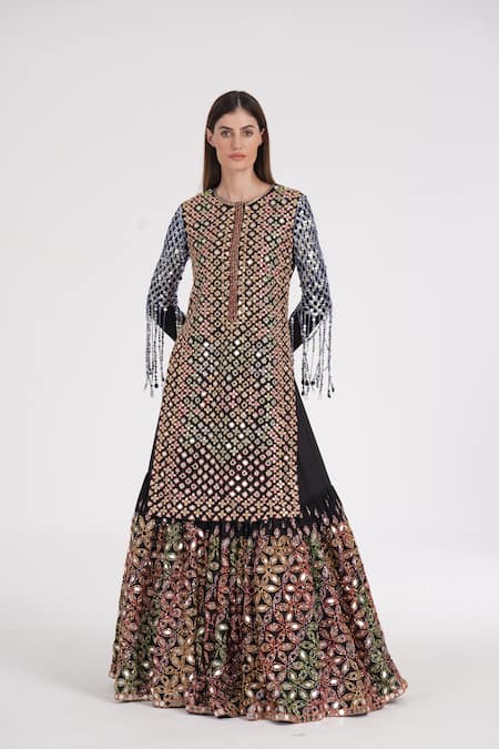Abhinav Mishra Black Net, Georgette Mirrors, Ribbons, Sequins, Jaal Kurta Lehenga Set Online at Aza Fashions Abhinav Mishra_Black Net, Georgette Mirrors, Ribbons, Sequins, Jaal Kurta Lehenga Set _Online_at_Aza_Fashions