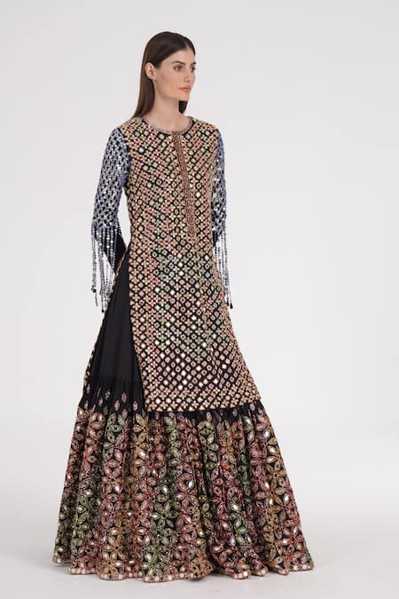 Buy Abhinav Mishra Black Net, Georgette Mirrors, Ribbons, Sequins, Jaal Kurta Lehenga Set Online at Aza Fashions Buy_Abhinav Mishra_Black Net, Georgette Mirrors, Ribbons, Sequins, Jaal Kurta Lehenga Set _Online_at_Aza_Fashions