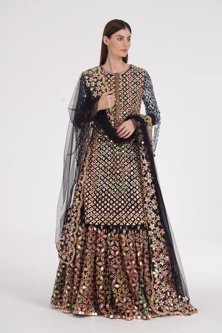Buy Abhinav Mishra Black Net, Georgette Mirrors, Ribbons, Sequins, Jaal Kurta Lehenga Set Buy_Abhinav Mishra_Black Net, Georgette Mirrors, Ribbons, Sequins, Jaal Kurta Lehenga Set