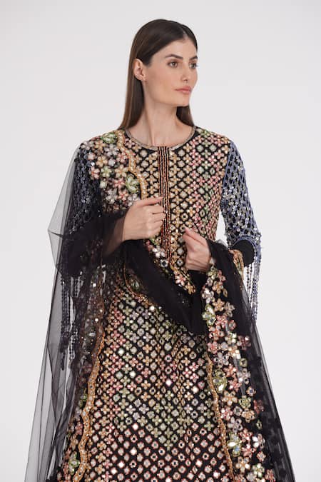 Shop Abhinav Mishra Black Net, Georgette Mirrors, Ribbons, Sequins, Jaal Kurta Lehenga Set Shop_Abhinav Mishra_Black Net, Georgette Mirrors, Ribbons, Sequins, Jaal Kurta Lehenga Set