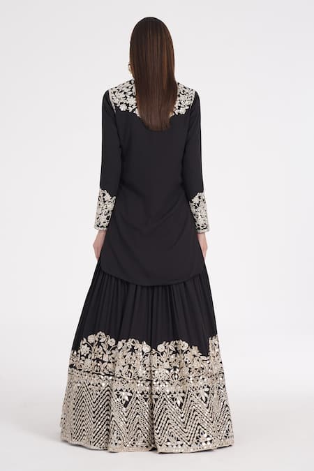 Shop_Abhinav Mishra_Black Georgette Mirrors, Zari, Ribbons Gardenia Embroidered Kurta And Lehenga _at_Aza_Fashions