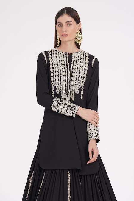 Abhinav Mishra Black Georgette Mirrors, Zari, Ribbons Gardenia Embroidered Kurta And Lehenga Online at Aza Fashions Abhinav Mishra_Black Georgette Mirrors, Zari, Ribbons Gardenia Embroidered Kurta And Lehenga _Online_at_Aza_Fashions