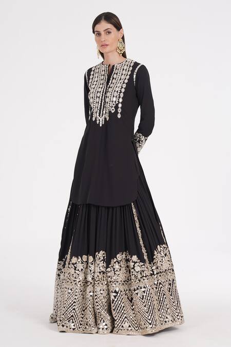 Buy Abhinav Mishra Black Georgette Mirrors, Zari, Ribbons Gardenia Embroidered Kurta And Lehenga Online at Aza Fashions Buy_Abhinav Mishra_Black Georgette Mirrors, Zari, Ribbons Gardenia Embroidered Kurta And Lehenga _Online_at_Aza_Fashions
