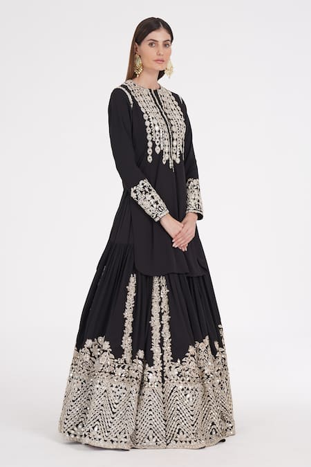 Shop Abhinav Mishra Black Georgette Mirrors, Zari, Ribbons Gardenia Embroidered Kurta And Lehenga Online at Aza Fashions Shop_Abhinav Mishra_Black Georgette Mirrors, Zari, Ribbons Gardenia Embroidered Kurta And Lehenga _Online_at_Aza_Fashions