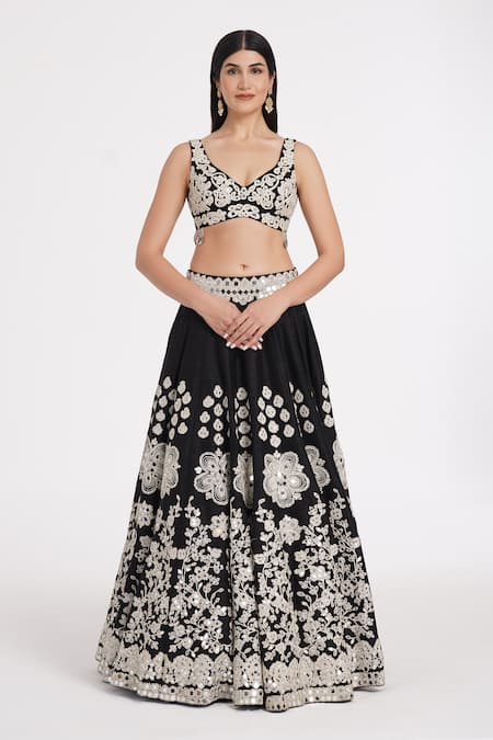 Shop_Abhinav Mishra_Black Organza, Tulle, Silk Zari, Mirrors, Ribbons, Sequins, Blossom Lehenga Set _at_Aza_Fashions