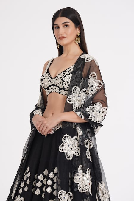 Buy_Abhinav Mishra_Black Organza, Tulle, Silk Zari, Mirrors, Ribbons, Sequins, Blossom Lehenga Set _Online_at_Aza_Fashions