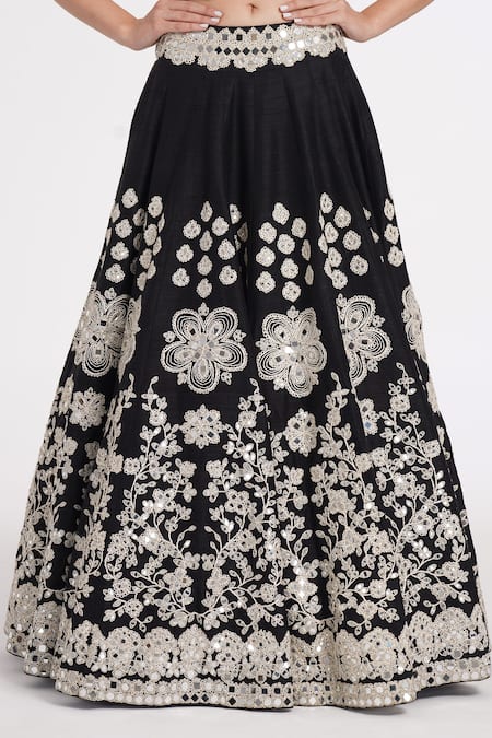 Shop_Abhinav Mishra_Black Organza, Tulle, Silk Zari, Mirrors, Ribbons, Sequins, Blossom Lehenga Set _Online_at_Aza_Fashions