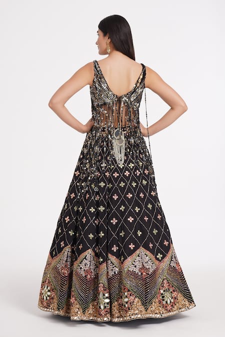 Shop Abhinav Mishra Black Tulle, Georgette Sequins, Mirrors, Zari Fringe Embellished Lehenga Set at Aza Fashions Shop_Abhinav Mishra_Black Tulle, Georgette Sequins, Mirrors, Zari Fringe Embellished Lehenga Set _at_Aza_Fashions