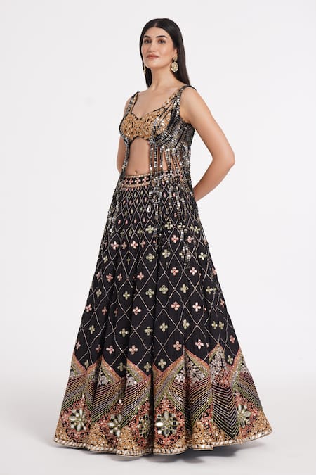 Buy Abhinav Mishra Black Tulle, Georgette Sequins, Mirrors, Zari Fringe Embellished Lehenga Set Online at Aza Fashions Buy_Abhinav Mishra_Black Tulle, Georgette Sequins, Mirrors, Zari Fringe Embellished Lehenga Set _Online_at_Aza_Fashions