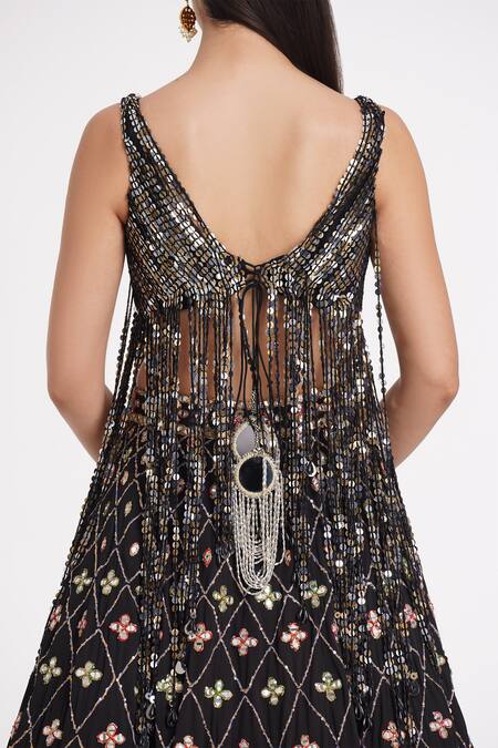 Shop Abhinav Mishra Black Tulle, Georgette Sequins, Mirrors, Zari Fringe Embellished Lehenga Set Online at Aza Fashions Shop_Abhinav Mishra_Black Tulle, Georgette Sequins, Mirrors, Zari Fringe Embellished Lehenga Set _Online_at_Aza_Fashions