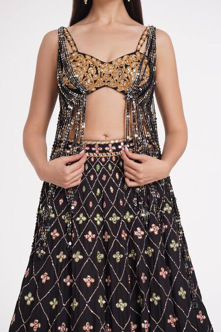 Abhinav Mishra_Black Tulle, Georgette Sequins, Mirrors, Zari Fringe Embellished Lehenga Set _at_Aza_Fashions