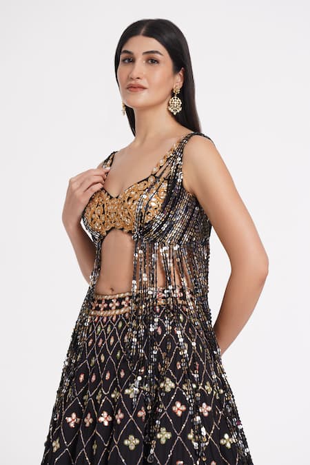 Buy_Abhinav Mishra_Black Tulle, Georgette Sequins, Mirrors, Zari Fringe Embellished Lehenga Set 