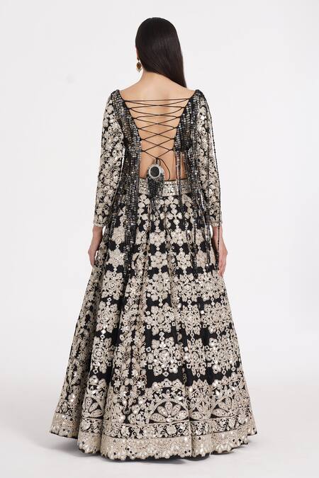 Shop_Abhinav Mishra_Black Tulle, Silk Mirrors, Sequins, Ribbons, Zari Fringe Embellished Lehenga Set _at_Aza_Fashions