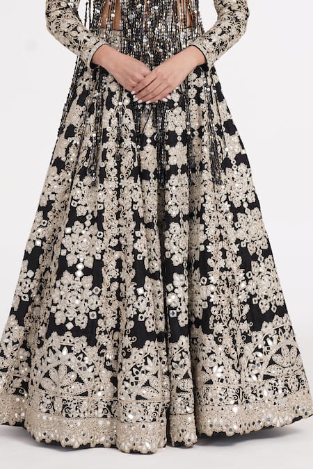 Abhinav Mishra_Black Tulle, Silk Mirrors, Sequins, Ribbons, Zari Fringe Embellished Lehenga Set _Online_at_Aza_Fashions