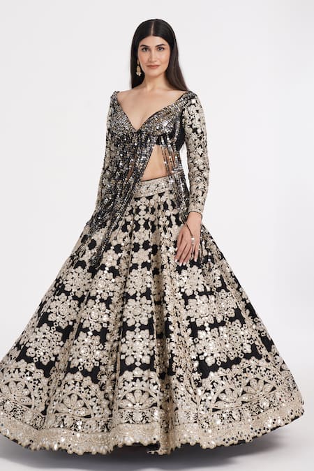 Buy_Abhinav Mishra_Black Tulle, Silk Mirrors, Sequins, Ribbons, Zari Fringe Embellished Lehenga Set _Online_at_Aza_Fashions