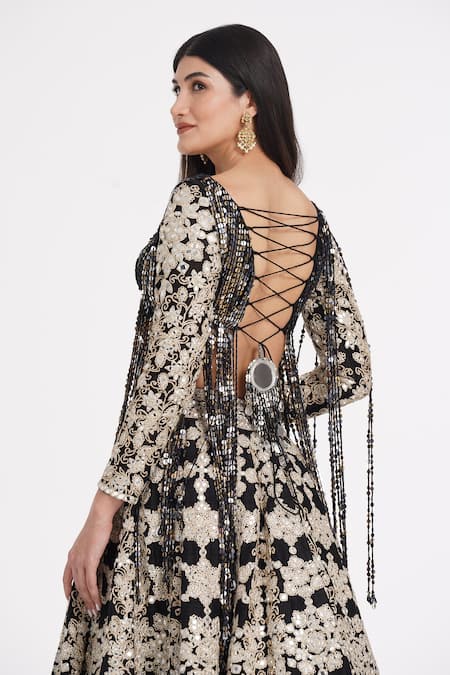 Shop_Abhinav Mishra_Black Tulle, Silk Mirrors, Sequins, Ribbons, Zari Fringe Embellished Lehenga Set _Online_at_Aza_Fashions